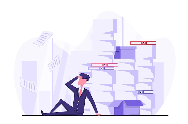 Vector a lot of work. a businessman sits in a mountain of documents and doesn't know what to do