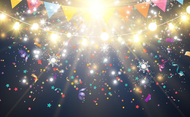 Vector lots of colorful tiny confetti and ribbons on transparent background. festive event and party.