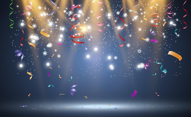 lots of colorful tiny confetti and ribbons on transparent background. festive event and party.