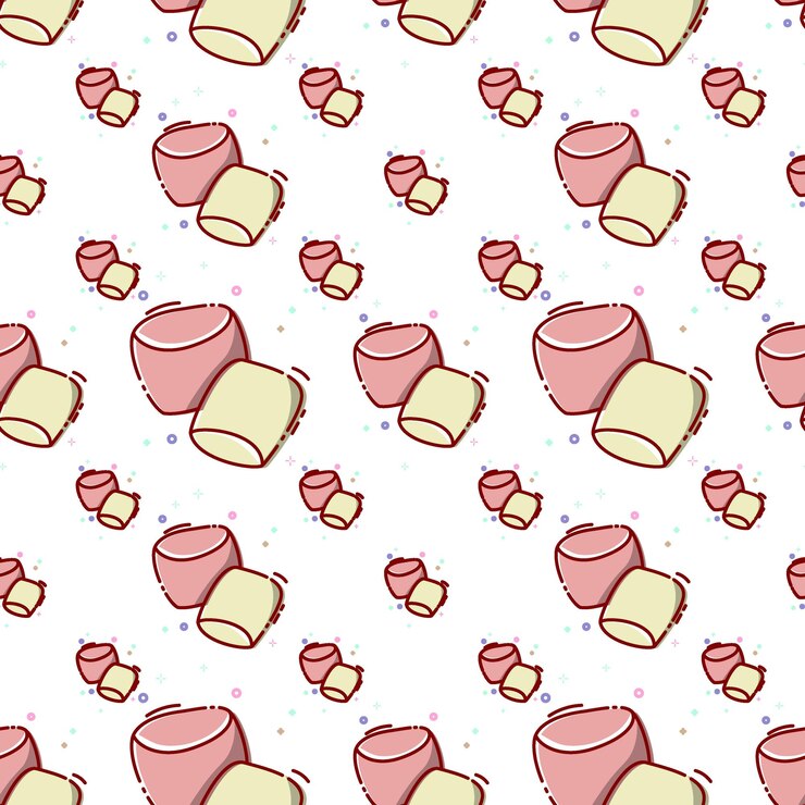 Vector lots of delicious pink marshmallows in mbe style seamless pattern.