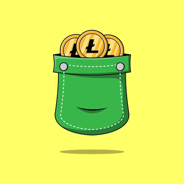 Lots of money in pocket and stacking gold litecoin coins isolated flat cartoon illustration