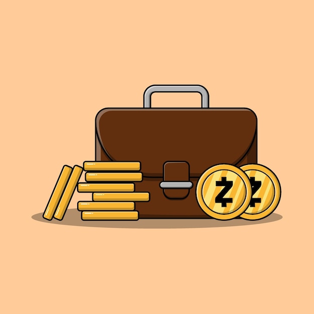 Lots of money in suitcase and stacking gold zcash coins isolated flat cartoon illustration