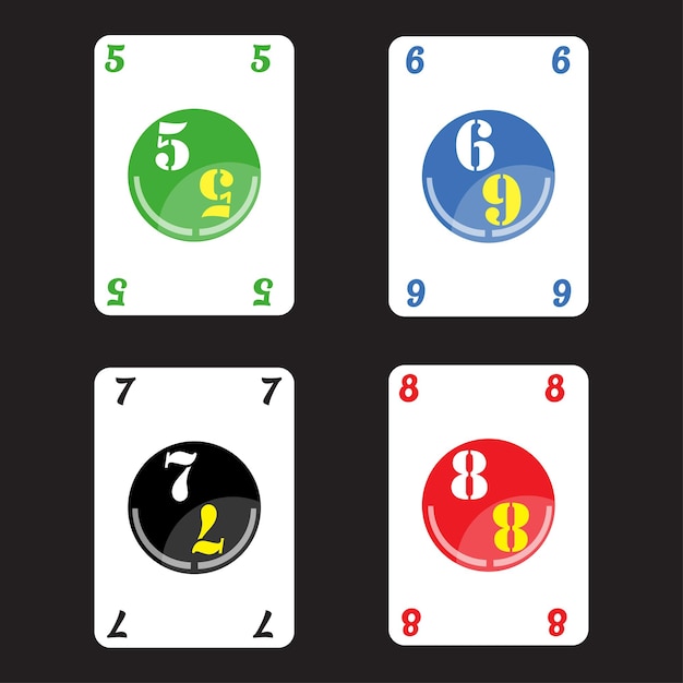 Vector lottery coloured number balls.four vintage playing cards isolated on black background