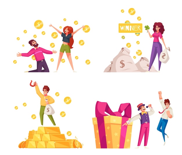 Vector lottery icon cartoon set with winners holding bunch on money isolated vector illustration