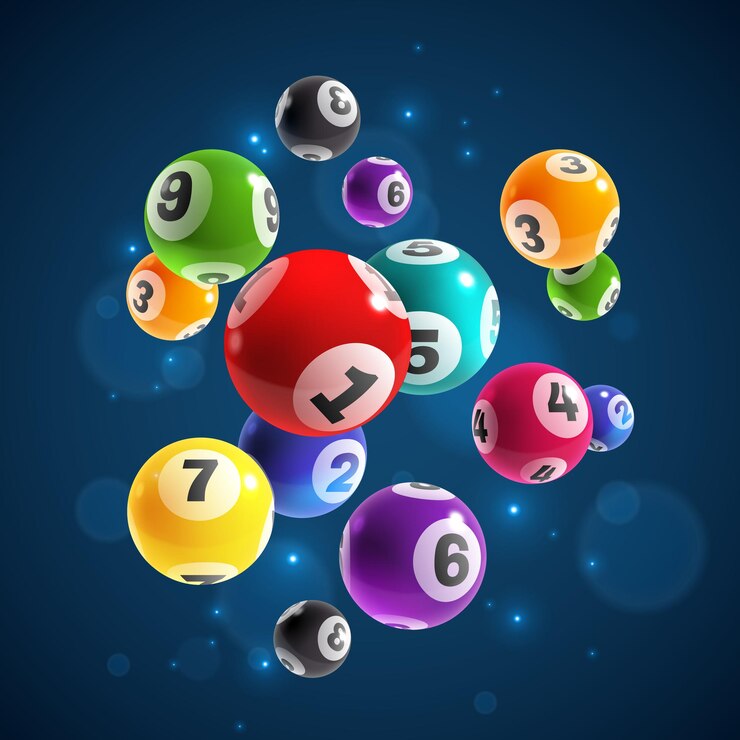 Vector lottery numbers. flying realistic drawing lottery or billiard balls, lucky accidental win, instant jackpot internet gambling, lotto bingo vector concept on dark background