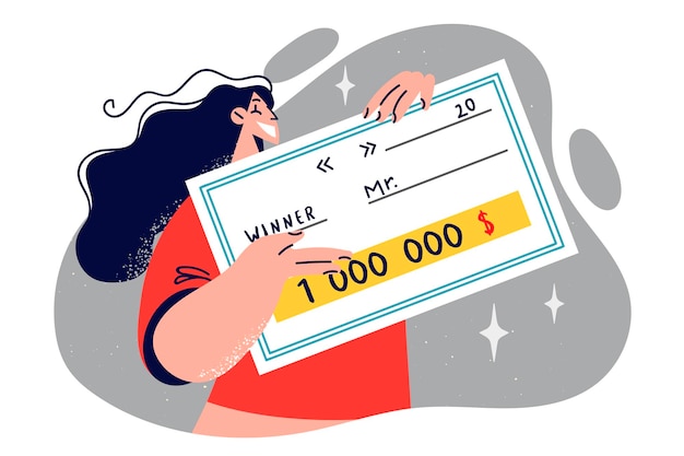 lottery winner woman holding big check for million dollars and showing cash prize in game of chance
