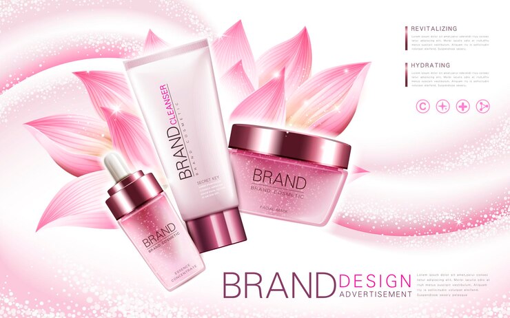 Vector lotus essence cleanser and facial mask product with flower element and pink background 3d illustration