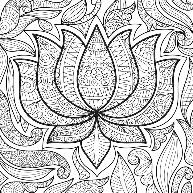 Lotus floral coloring book page in traditional henna style