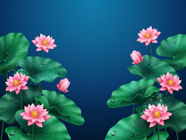 Lotus flower background plant with leaves and water drops floral pink blossom or nature decoration