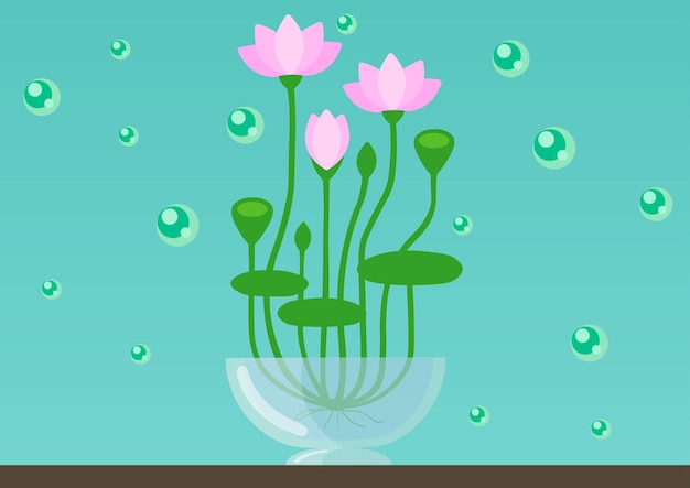 Lotus flower on a blue background with bubbles