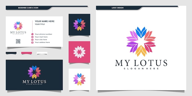Lotus flower logo with colorful style and business card design Premium Vector
