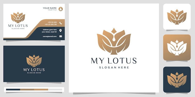 Логотип цветок лотоса с плоским абстрактным дизайном розы и золотого цвета. логотип и шаблон визитной карточки.