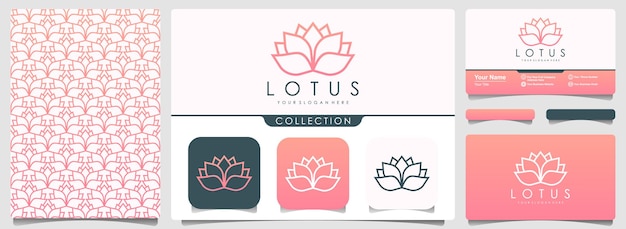 Lotus flower logo with set of pattern and business card template. yoga center, spa, beauty salon luxury