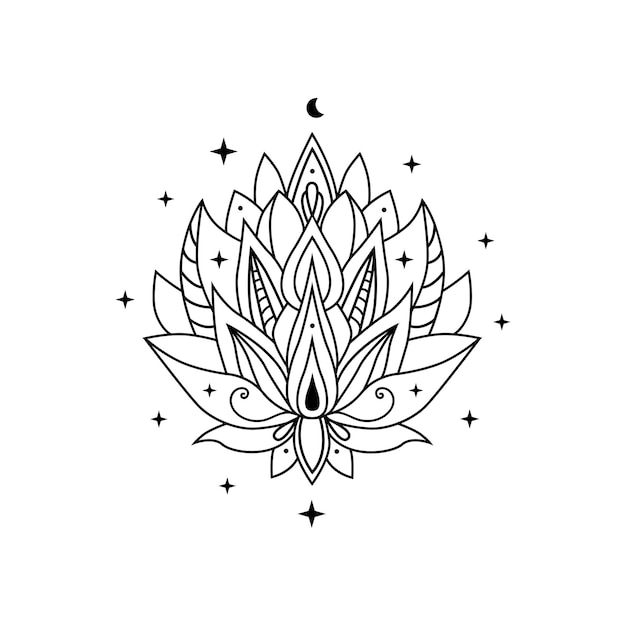 Lotus flower with moon and stars outline vector blooming lotus