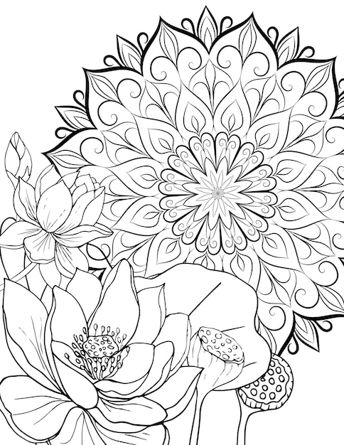 Lotus flowers on the background of mandala pattern page for coloring book black outline of plants