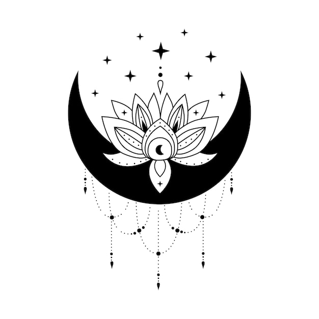 Fiori di loto con falce di luna e stelle vettore loto in fiore design del logo di loto lotus spiritua