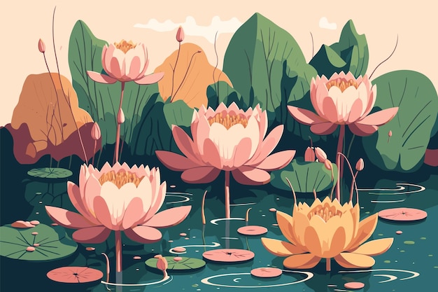 Lotus lelie water bloem en blad op meer of vijver natuur achtergrondbehang