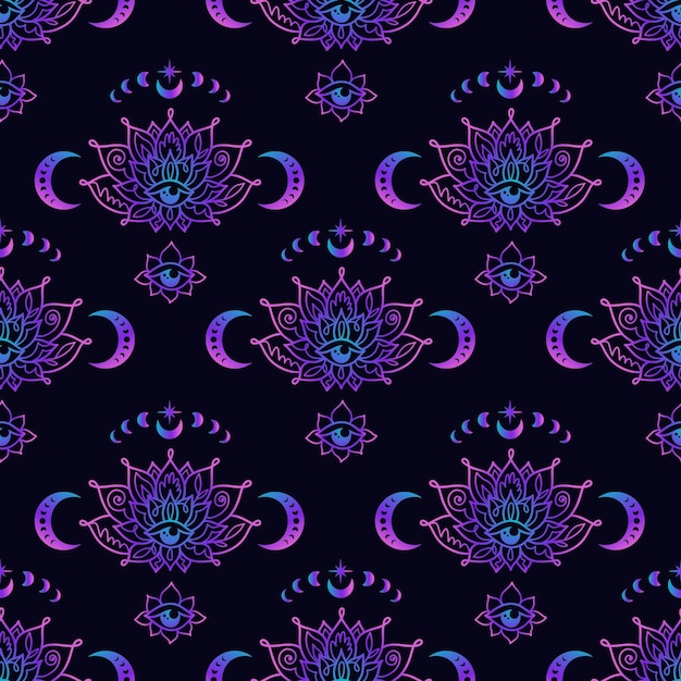 Vector lotus mandala neon seamless pattern buddhism design yoga print poster tshirt textile tattoo