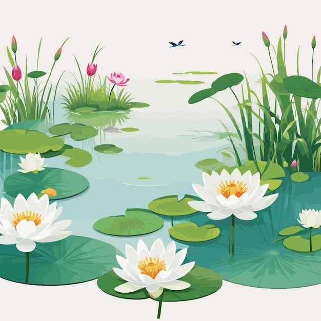 Lotus Pond Scenes vector on white background