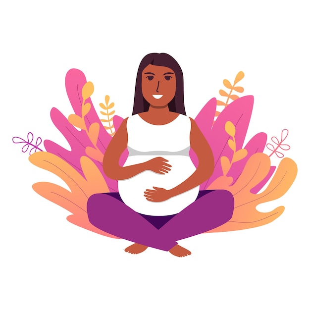 Vector lotus pose girl african american pregnant woman makes yoga yoga character meditation