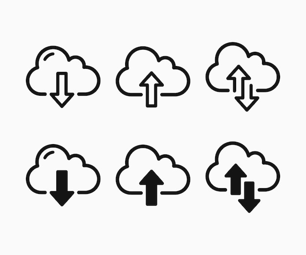 Icona di download e caricamento ad alto volume e scarica e carica contorno di cloud computing e segno vettoriale pieno