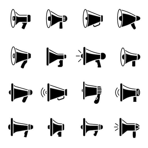 Icone dell'altoparlante. megafono sagome annuncio simboli insieme di raccolta.