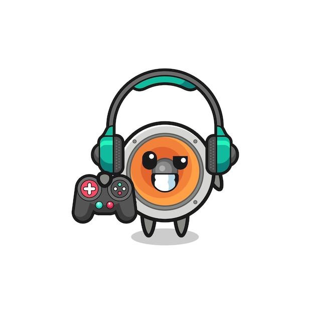 Loudspeaker gamer mascot holding a game controller cute design
