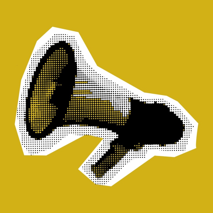 Vector loudspeaker pop art grunge collage a mouthpiece for collage bright yellow background
