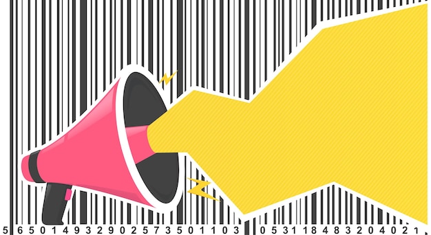 Громкоговоритель с желтым текстовым пузырем и штрих-кодом мегафон объявление для рекламы рекламных акций маркетинга
