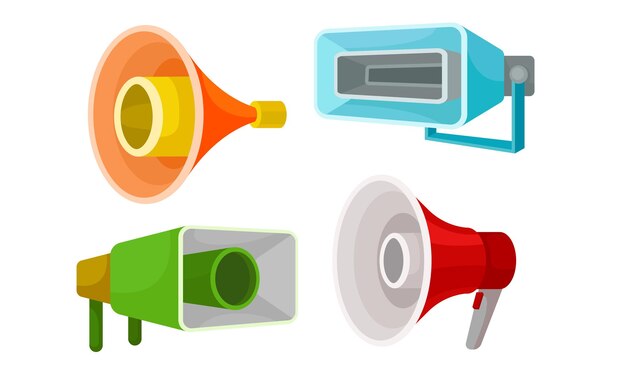 Vector loudspeakers collection colorful megaphones bullhorns symbol of promotion announce advertising