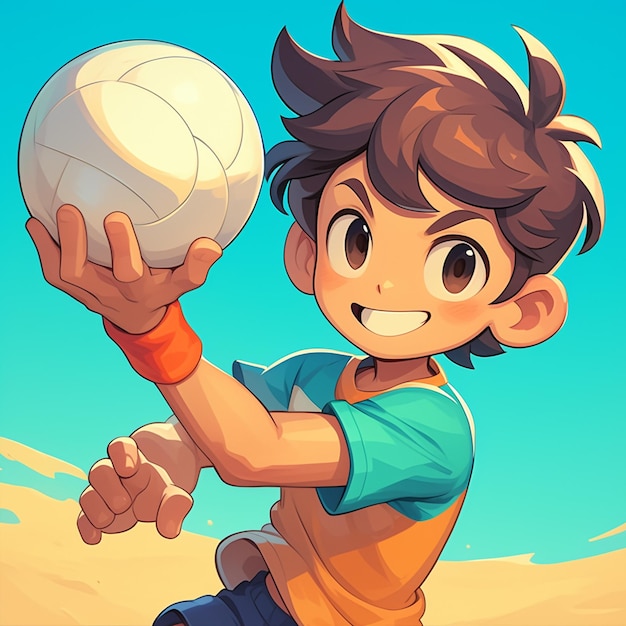 A Louisville boy plays sand volleyball in cartoon style