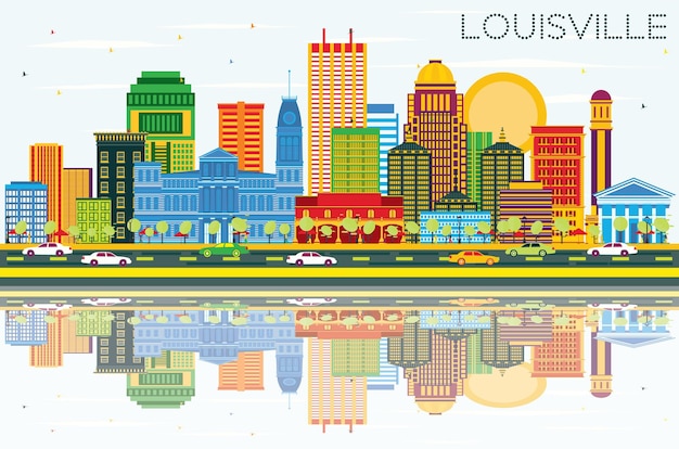 Vettore orizzonte della città di louisville kentucky usa con edifici di colore blu cielo e riflessi vector