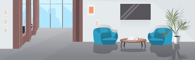 Lounge area with armchairs coffee table and tv modern office interior sketch