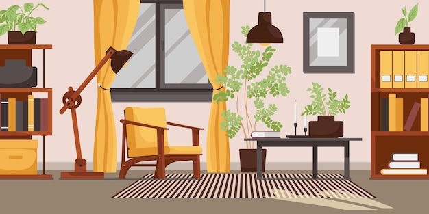 Vector lounge kamer interieur banner moderne gezellige appartementstijl met meubelbank fauteuil en vloerplantlamp in de buurt van boekenplank geel kleurontwerp in comfortabele hotelkamer flat vector illustratie