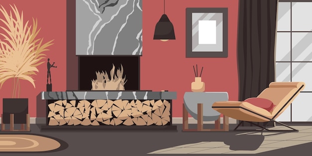 Vector lounge room interior banner modern country house style with furniture armchair near fireplace decorated by stack of firewood wallpaper design concept of comfortable hotel room vector illustration