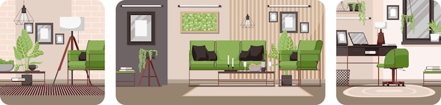 Lounge room interior banner Modern cozy apartment style with furniture armchair and carpet Chair and table with laptop workplace Green color design in comfortable living room Vector illustration