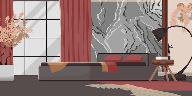 Вектор Баннер интерьера комнаты отдыха современный уютный стиль квартиры с мебелью, красными подушками на диване, кресле и ковром с книжной полкой розовый серый цветной дизайн в комфортабельном гостиничном номере векторная иллюстрация