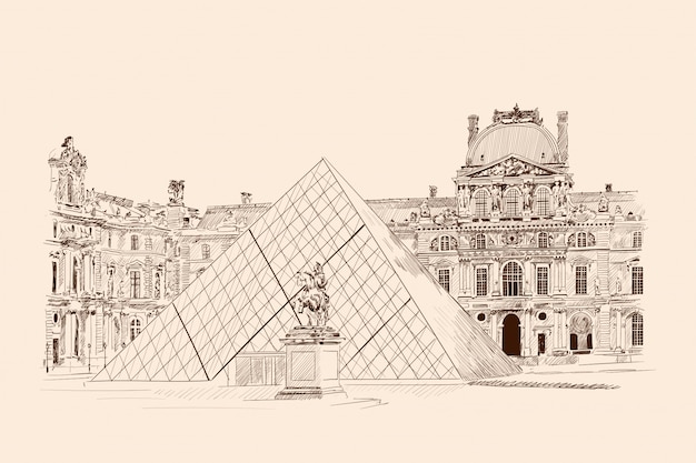 Louvres, Paris. Pencil sketch on a beige background.