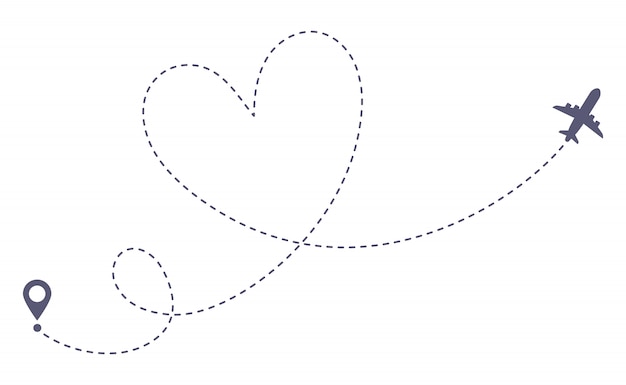 Love airplane route. Romantic travel, heart dashed line trace and plane routes isolated  illustration