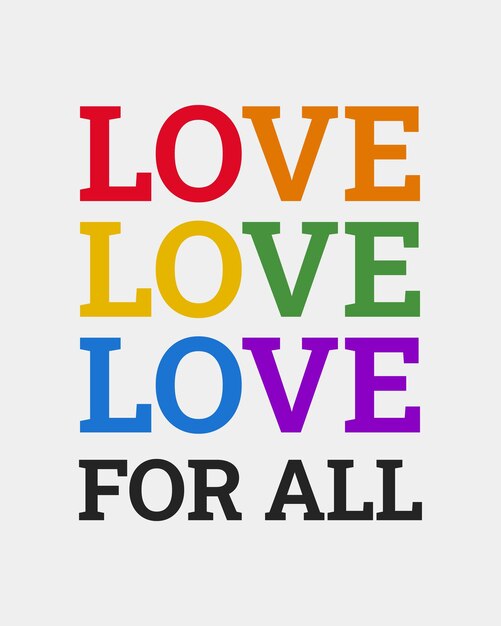 모든 LGBTQ 프라이드 월(LGBTQ Pride Month) 긍정적인 인용문에 대한 사랑은 흰색 배경에 있는 무지개 색 활자체 예술입니다.