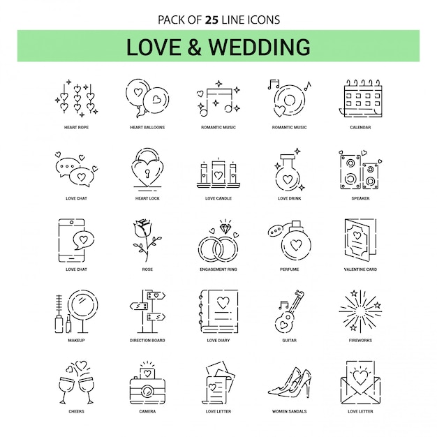 Love and wedding line icon set - 25 gestippelde overzichtsstijl