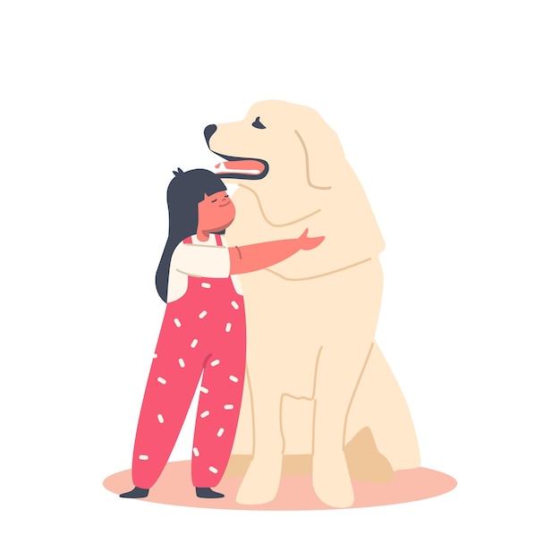 Love to Animals, Childhood Concept. Funny Kid Girl Hug Huge Retriever Dog, Child Character Cuddle with Pet, Baby Embrace Cute Doggy Isolated on White Background. Cartoon People Vector Illustration