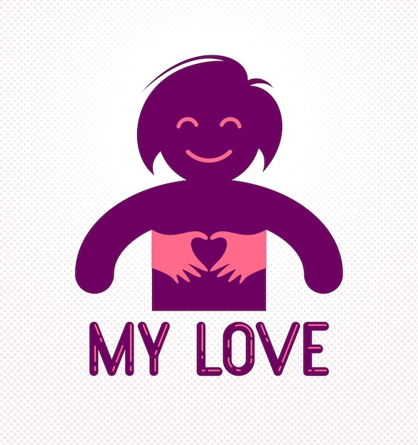 Love arms hugging lover shows heart shape gesture hands, lover woman hugging her mate and shares love, vector icon logo or illustration in simplistic symbolic style.