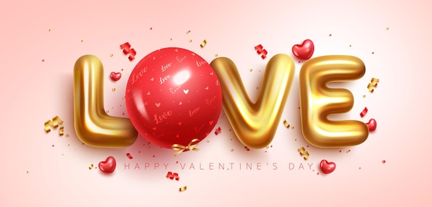 Amore palloncini testo 3d disegno vettoriale. tipografia felice di san valentino con lettera a palloncino gonfiabile