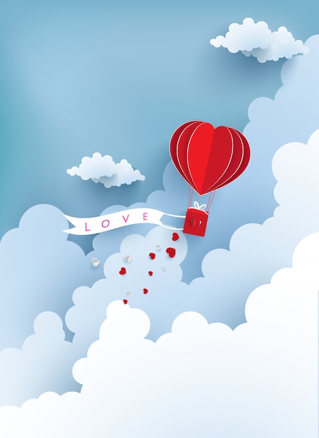 Vector love balloons fly over the clouds