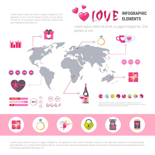 Love banner infographic set van sjabloon pictogrammen over roze achtergrond, valentijnsdag concept