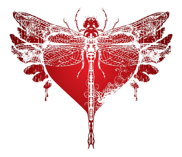 love banner with dragonfly on red heart