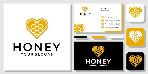 Love bee hive honing hart voedsel buzz boerderij kam natuur zeshoek logo ontwerp met sjabloon voor visitekaartjes