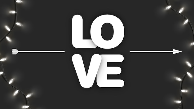 Любовная каллиграфия со стрелой купидона на черном с яркой гирляндой. День святого Валентина, женский день, знамя матери. искусство и
