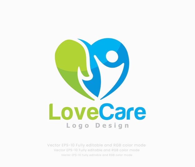 Love care logo design con un cuore e una persona che tiene un cuore.